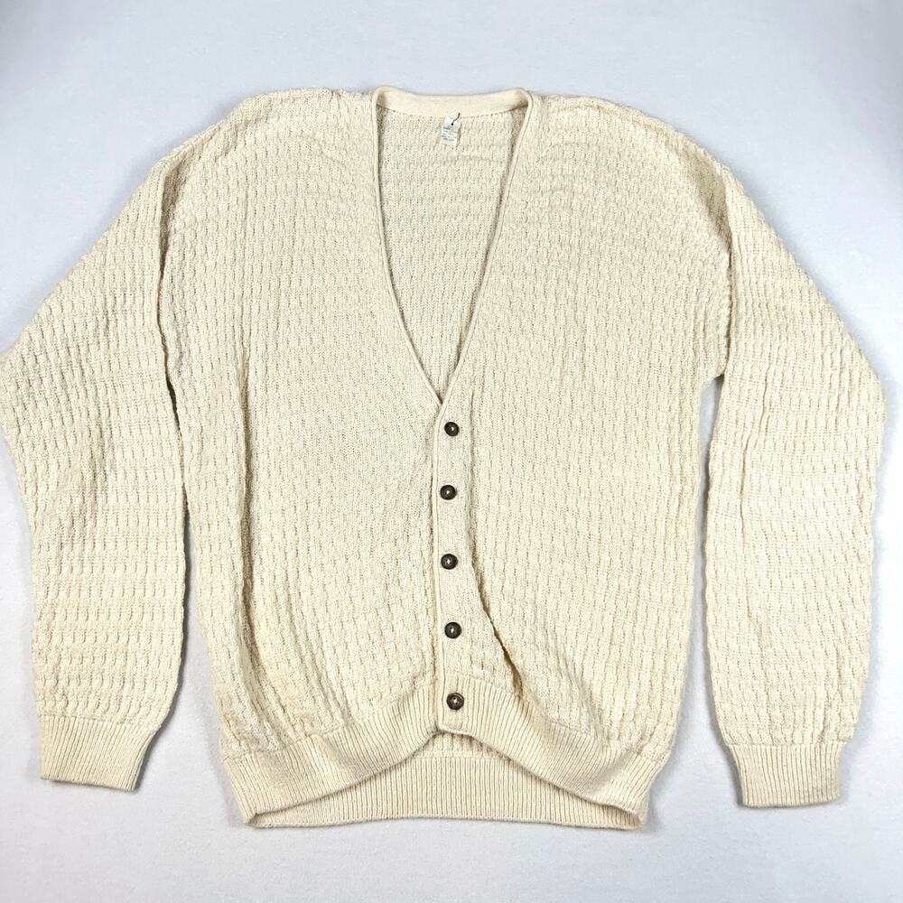 Vtg 90s Cotton Cardigan Sweater Mens L Ivory USA Made Cabincore Grandpa Academia